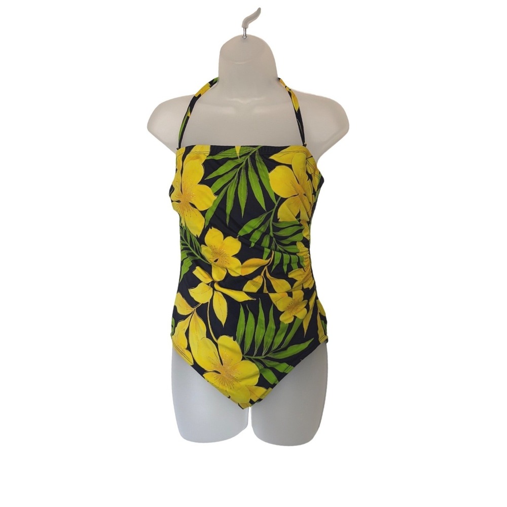 Longitude Womens Tropical Floral Halter One Piece Swimsuit Black Yellow Size 12